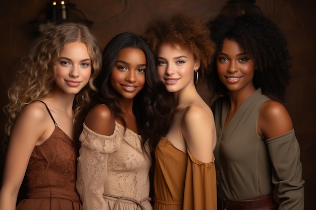 Un gruppo eterogeneo di bellissime ragazze adolescenti di razze diverse con una bellezza naturale e una pelle liscia e luminosa