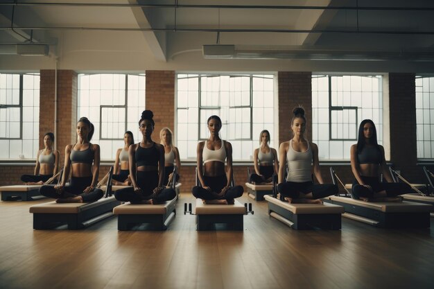 Un gruppo eterogeneo di donne impegnate in una sessione di yoga in una grande stanza aperta Donne che frequentano per la prima volta una lezione di Pilates Generato dall'intelligenza artificiale