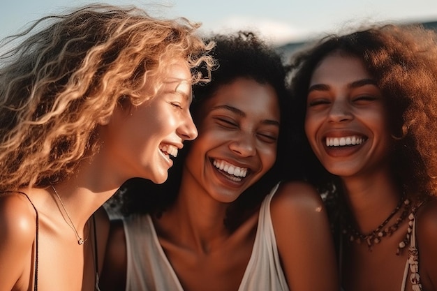 Un gruppo eterogeneo di giovani donne in un momento sincero raggiante di sorrisi e che irradia pura gioia e spirito spensierato Le loro diverse razze si aggiungono alla vivacità della scena IA generativa
