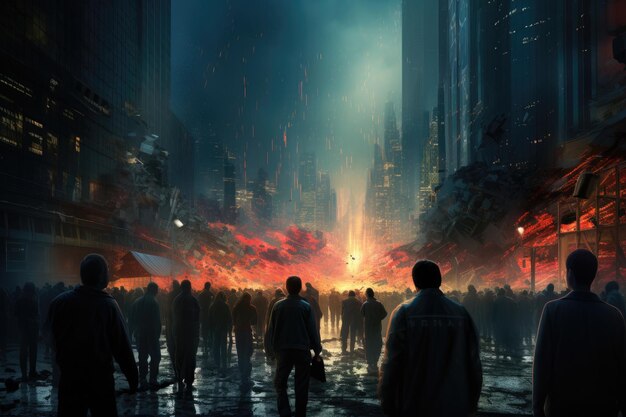 Un gruppo eterogeneo di individui in piedi nella città di notte illuminata dalle luci della città Visualizzazione futuristica di un crollo del mercato azionario Generato dall'intelligenza artificiale