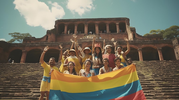 Un gruppo eterogeneo di persone che reggono con orgoglio una bandiera colombiana con un disegno arcobaleno
