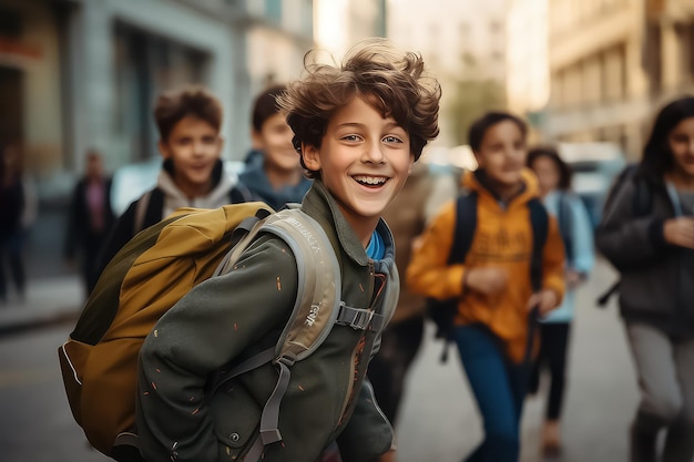 Un gruppo felice e diversificato di bambini delle scuole elementari che guardano la telecamera