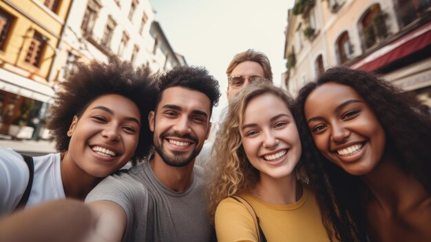 Un gruppo felice ed eterogeneo di amici con etnie uniche che catturano un selfie da ricordare