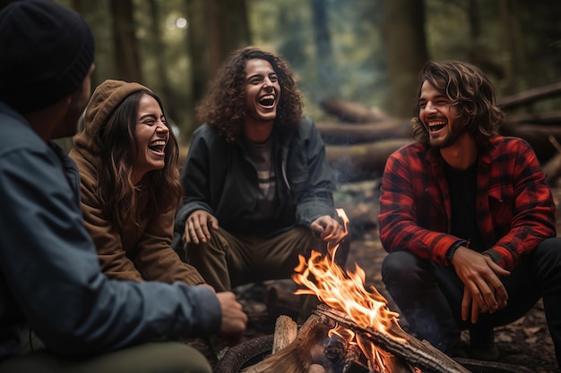 Un gruppo gioioso di millennial che ridono e si uniscono attorno a un fuoco da campo che incarna l'amicizia e il divertimento