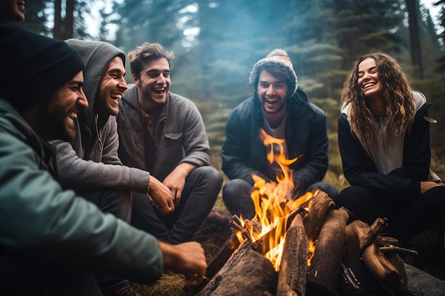 Un gruppo gioioso di millennial che ridono e si uniscono attorno a un fuoco da campo che incarna l'amicizia e il divertimento