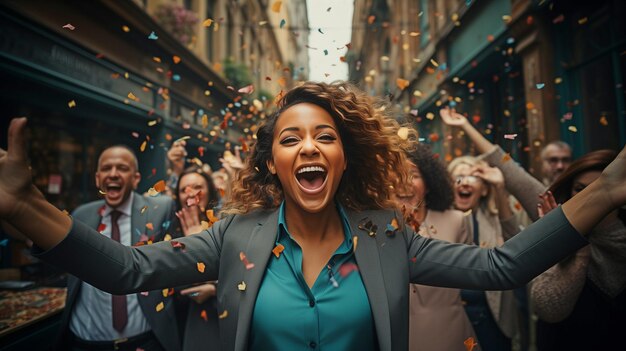 Un gruppo gioioso e diversificato di lavoratori celebra un comune successo aziendale o una vittoria circondati da confetti