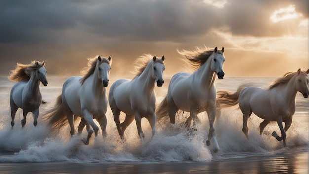 Un gruppo iper realistico di cavalli che corrono sulla spiaggia