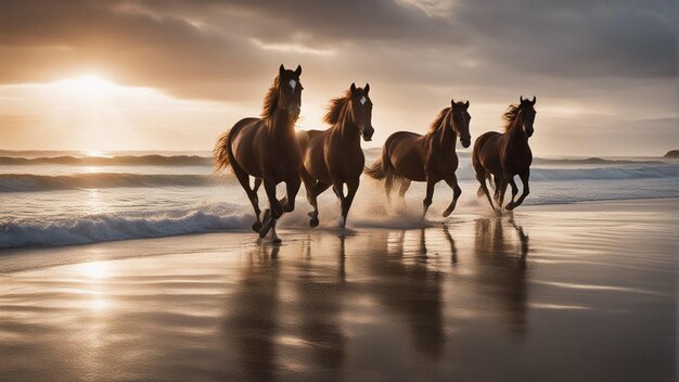 Un gruppo iper realistico di cavalli che corrono sulla spiaggia