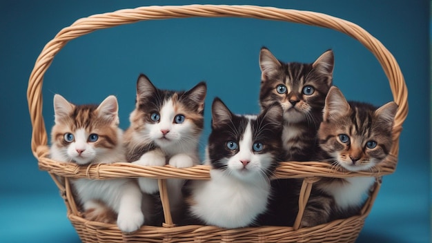 Un gruppo iper realistico di gatti nel carrello Sfondo blu