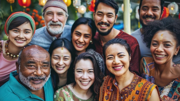 Un gruppo multiculturale di persone che festeggia con tradizioni diverse