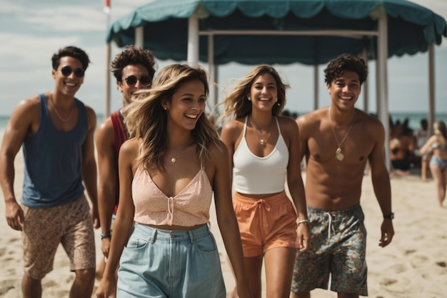 Un gruppo multietnico di amici che si godono il loro tempo insieme su una spiaggia in una giornata di sole a piedi towa