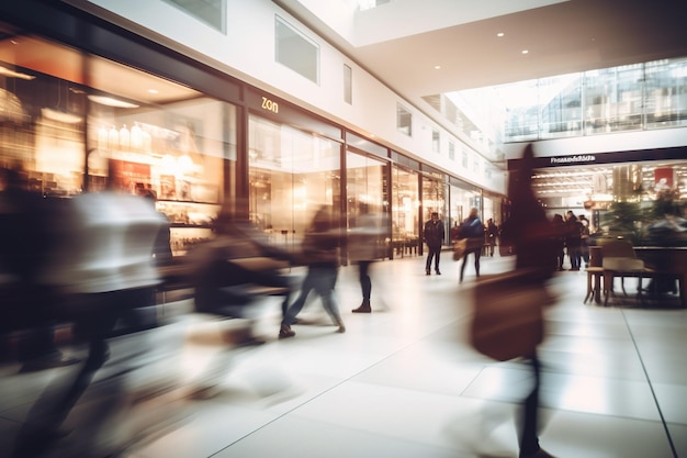 Un gruppo sfocato di persone va a fare shopping in un centro commerciale