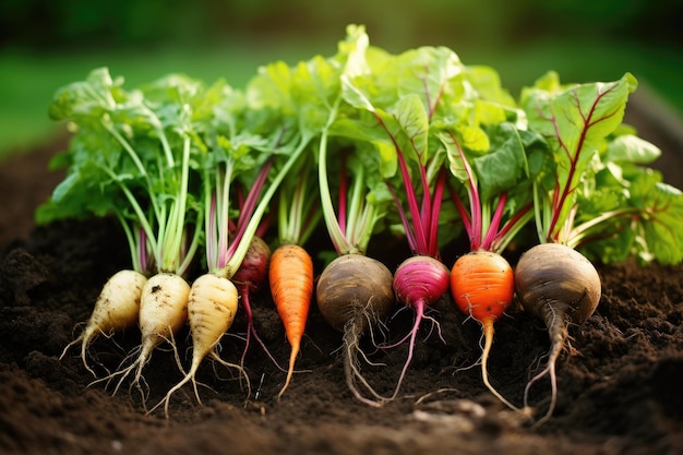 Un gruppo vibrante di carote graziosamente disposte su un tumulo di terra che mostra un abbondante raccolto dal giardino Una scena vibrante di verdure a radice biologiche che emergono dal suolo AI Generato