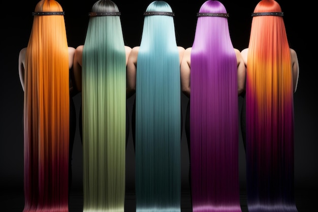 Un gruppo vivace di ragazze con i capelli colorati fino al pavimento in una varietà di tonalità luminose