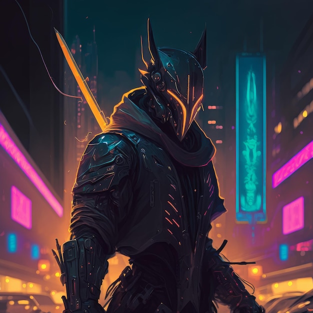 Un guerriero cyberpunk in piedi tra le luci al neon incandescenti di una città futuristica The Nightblade