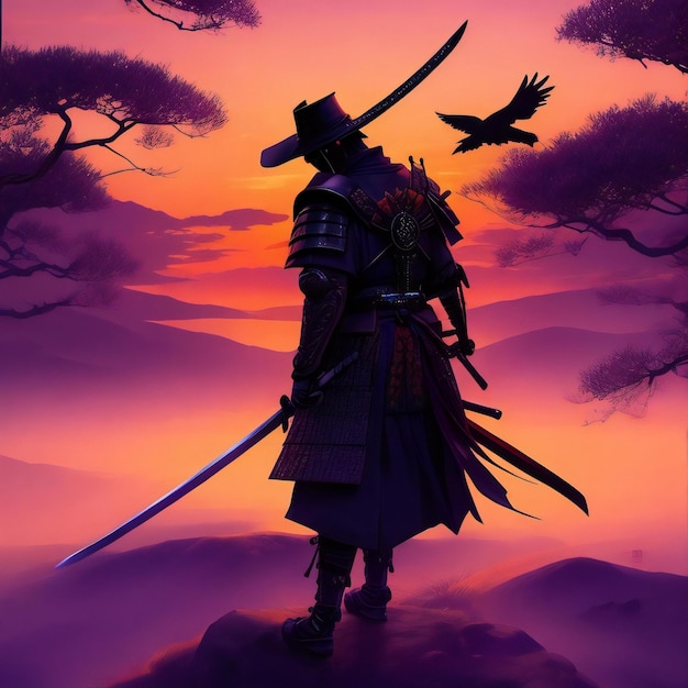 Un guerriero samurai in un campo erboso con corvi e un tramonto