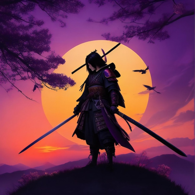 Un guerriero samurai in un campo erboso con corvi e un tramonto