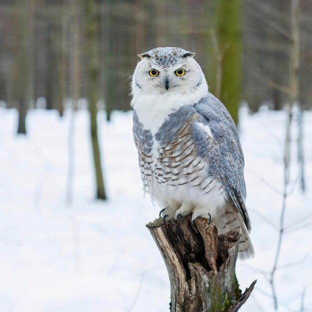 Un gufo bianco d'inverno appoggiato su un ramo d'albero in un paesaggio invernale innevato una bella fauna selvatica