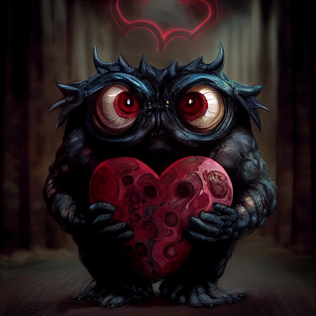 Un gufo nero con gli occhi rossi tiene un cuore tra le zampe.