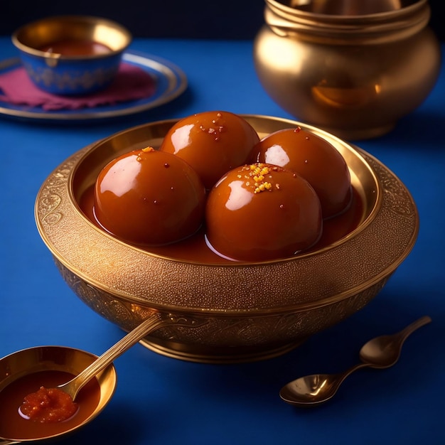 Un gulab jamun in una ciotola con un cucchiaio