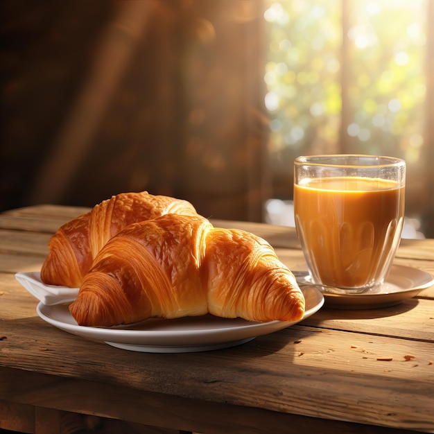 Un gustoso croissant croccante su un tavolo di legno con una tazza di caffè AI generativa