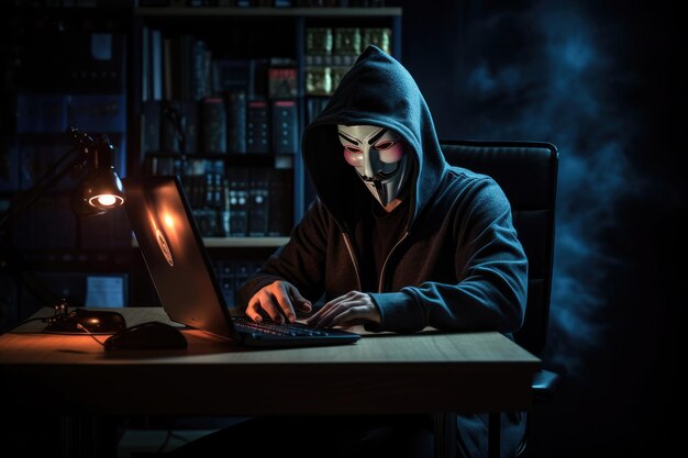 Un hacker che indossa una maschera anonima e ha hackerato il computer generato da Ai