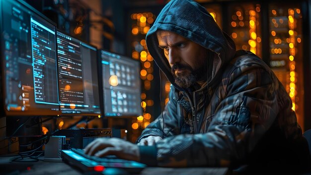 Un hacker con un cappuccio lavora su più schermi per hackerare i server Concept Cybersecurity Techniques Hacking Server Vulnerabilities Data Breaches Unauthorized Access