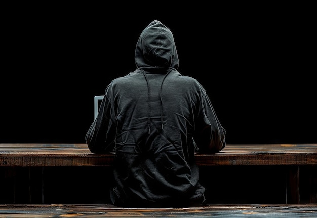 Un hacker con un cappuccio nero seduto a un tavolo con un portatile contro uno sfondo scuro Soft