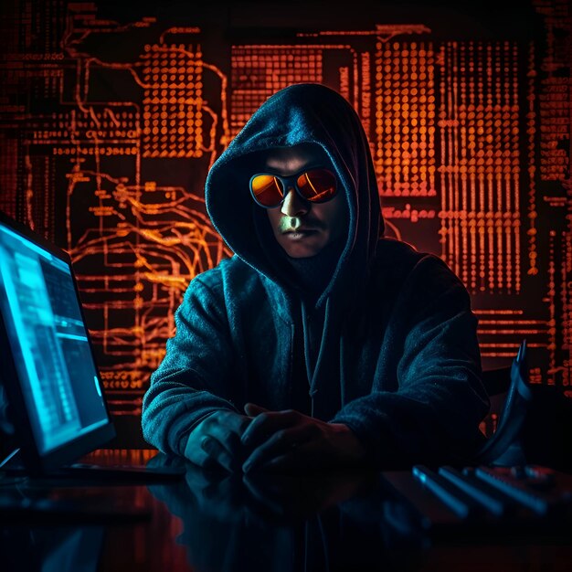 Un hacker con una felpa con cappuccio è seduto davanti al monitor di un computer