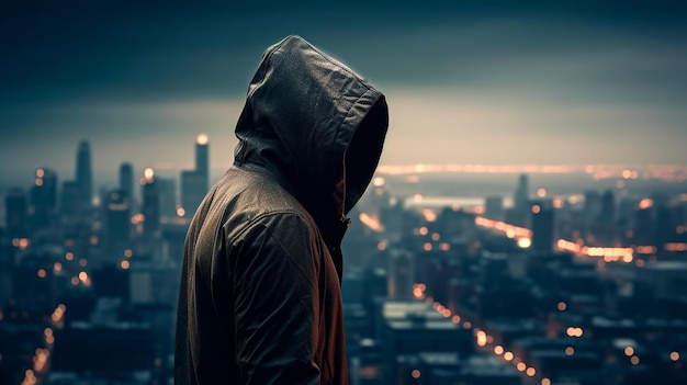 Un hacker con una giacca con cappuccio davanti a un paesaggio urbano Generative Ai