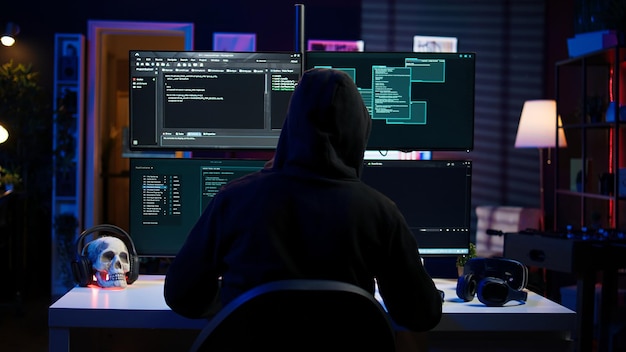 Un hacker lupo solitario in un nascondiglio segreto che cerca di nascondere l'attività online