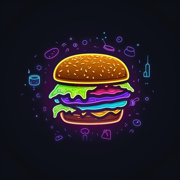 Un hamburger al neon con uno sfondo nero