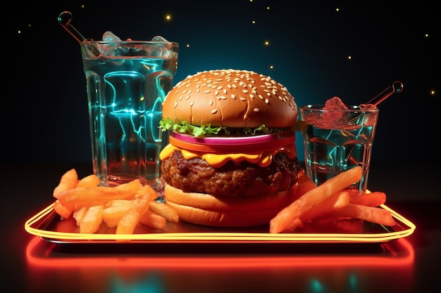 Un hamburger al neon vibrante e una tazza di soda nella cornice del messaggio evocano appetiti appetitivi.