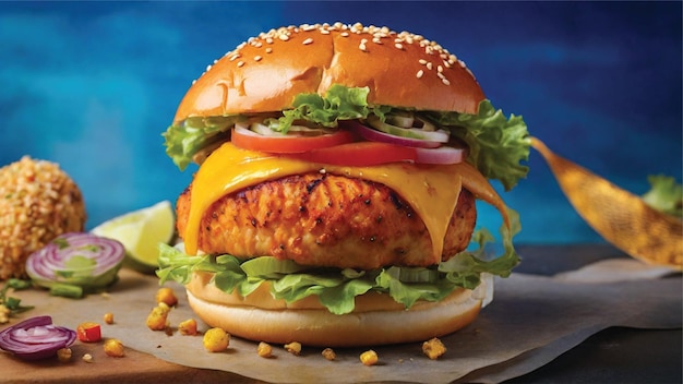 Un hamburger al pesce che è veramente adatto a un re con il suo panino dorato che è leggermente tostato con ai