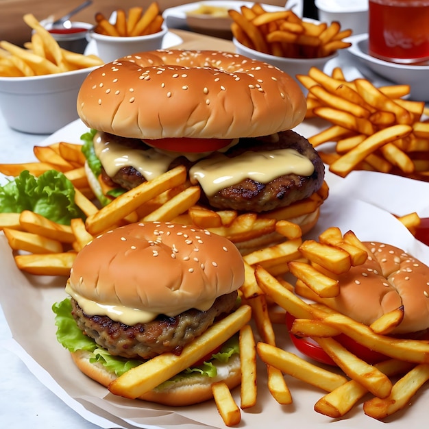 Un hamburger bollente con patatine fritte dorate.