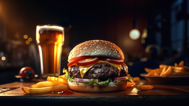 Un hamburger con accanto un bicchiere di birra