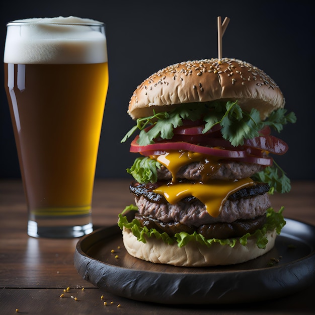 Un hamburger con accanto un bicchiere di birra