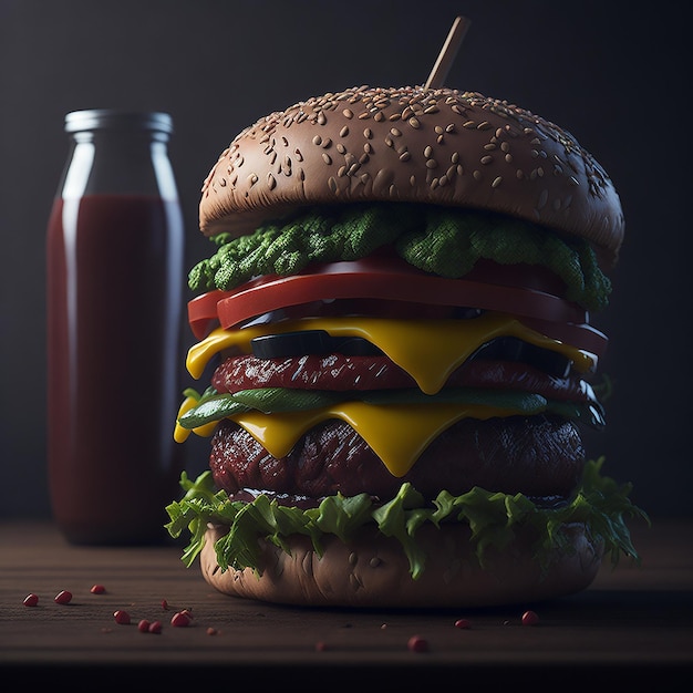 Un hamburger con accanto una bottiglia di ketchup