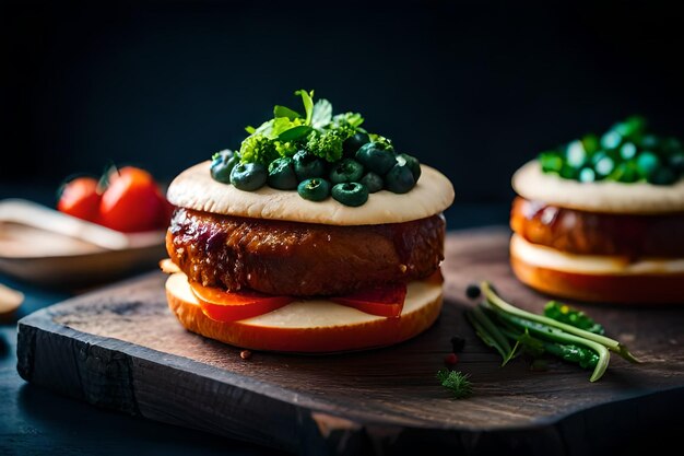 un hamburger con carne, formaggio e verdure su un tagliere.