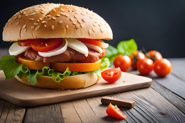 Un hamburger con carne, pomodori e cipolle su un tagliere di legno.