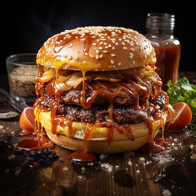 un hamburger con cipolla e cipolla si siede su un tavolo.