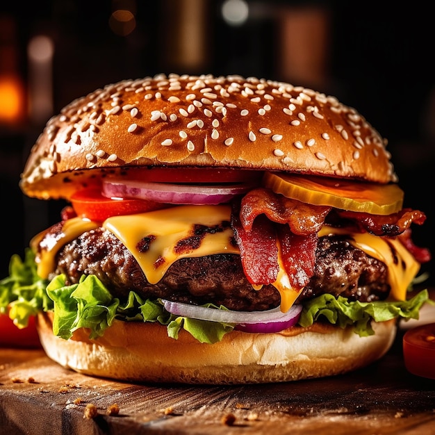 un hamburger con cipolle e cipolle sopra si siede su un tavolo di legno.