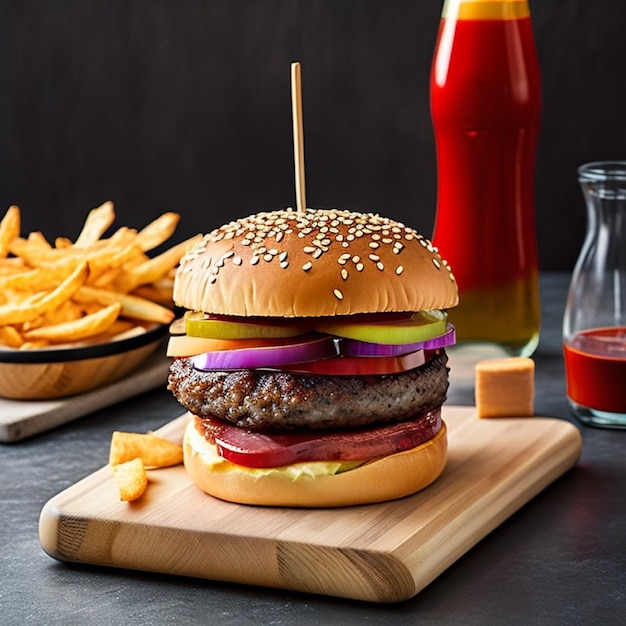 Un hamburger con cipolle pomodoro cipolle e cipolle si siede su un tagliere