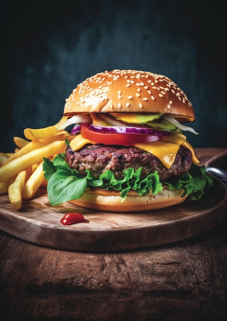 Un hamburger con contorno di patatine fritte su una tavola di legno