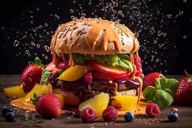 Un hamburger con della frutta sopra e la parola hamburger sul lato