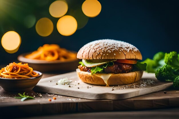 un hamburger con delle patatine fritte e un cesto di patatine.