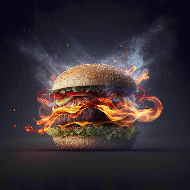 Un hamburger con fiamme e fumo sopra