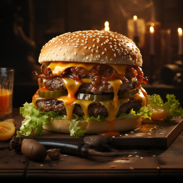 Un hamburger con formaggio coronato Maestà nel regno delle delizie arrostite generate dall'AI