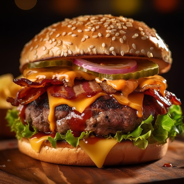 un hamburger con formaggio e cipolle è seduto su un tavolo.