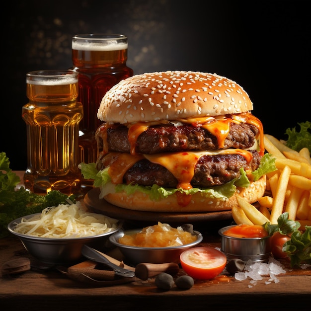 Un hamburger con formaggio e patatine fritte su un tavolo con una bottiglia di birra.